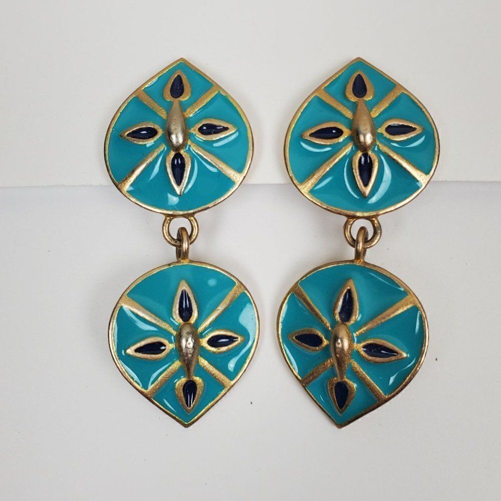 Vintage 2 Tone Blue Gold Enamel Nautical Tear Drop Sand Dollar Clip On Earrings